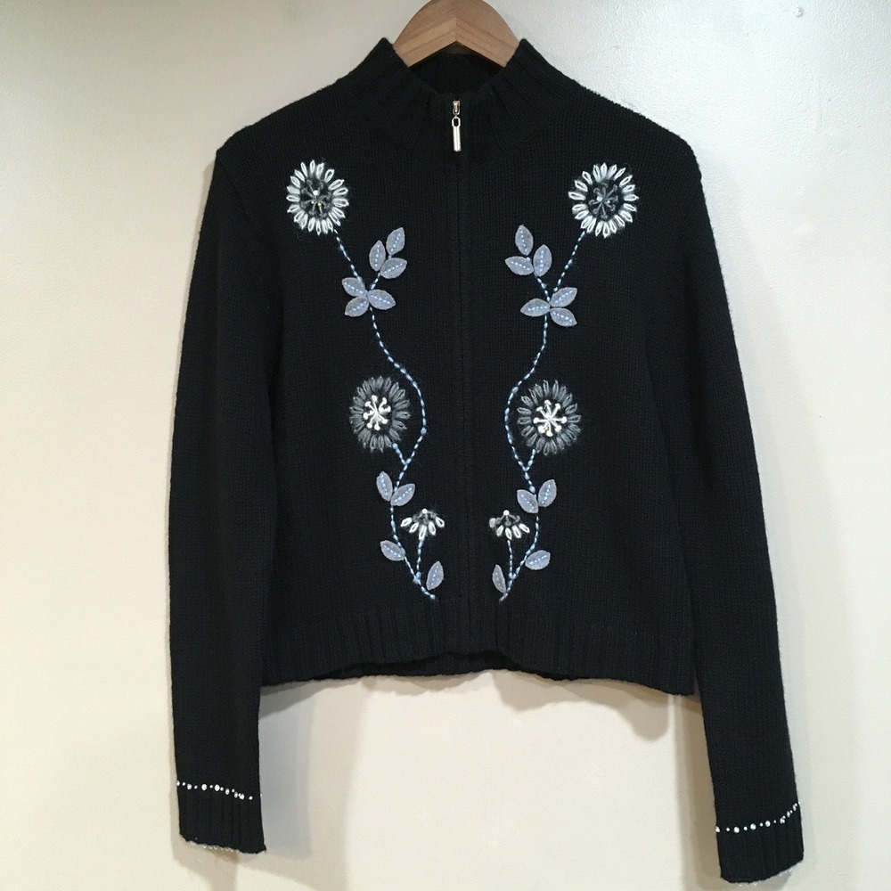 Vintage Floral Embroidered 100% Lambswool Cardigan Sweater Womens XL Black